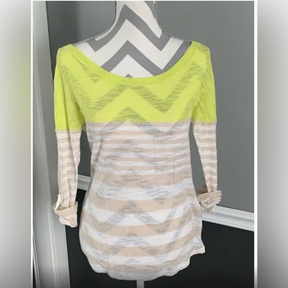 Express scoop neck sweater - neon yellow w/ tan & white stripes. Size Small. - Picture 2 of 2